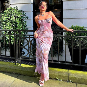 Border Hot European American Style Summer Dress Floral Printed Sexy Wrap Chest Halter Neck Slim Casual Fashion