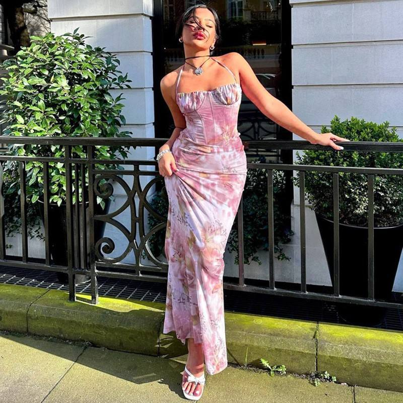 Border Hot European American Style Summer Dress Floral Printed Sexy Wrap Chest Halter Neck Slim Casual Fashion