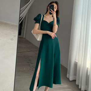 A-Line Split vestido Casual Hepburn estilo Puff manga cuello cuadrado Retro francés dulce